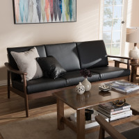 Baxton Studio Venza-Black/Walnut Brown-SF Venza Mid-Century Modern Walnut Wood Black Faux Leather 3-Seater Sofa